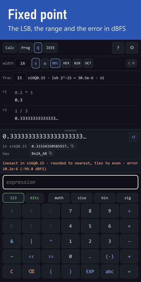 Q mode at width 16 with 15 fraction bits: the rows 0.1 * 3 giving 0.3 and 1 / 3 giving 0.3333…, the value in s16Q0.15 and as hex 0x2A_AB, and the flag inexact with error 10.2e-6 (-99.8 dBFS).